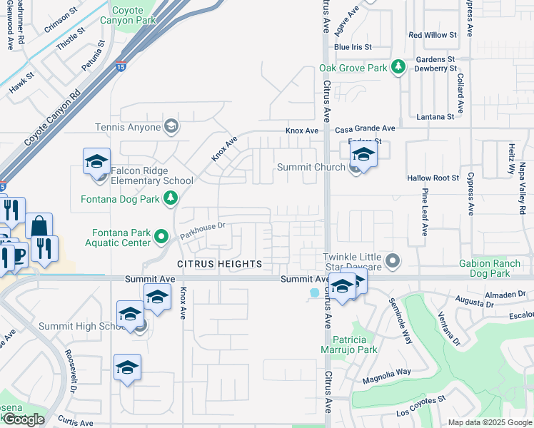 map of restaurants, bars, coffee shops, grocery stores, and more near 16040 Jamie Lane in Fontana