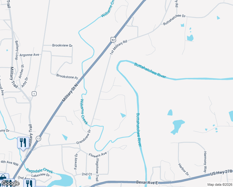 map of restaurants, bars, coffee shops, grocery stores, and more near 253 North Riverside Drive in Hamilton