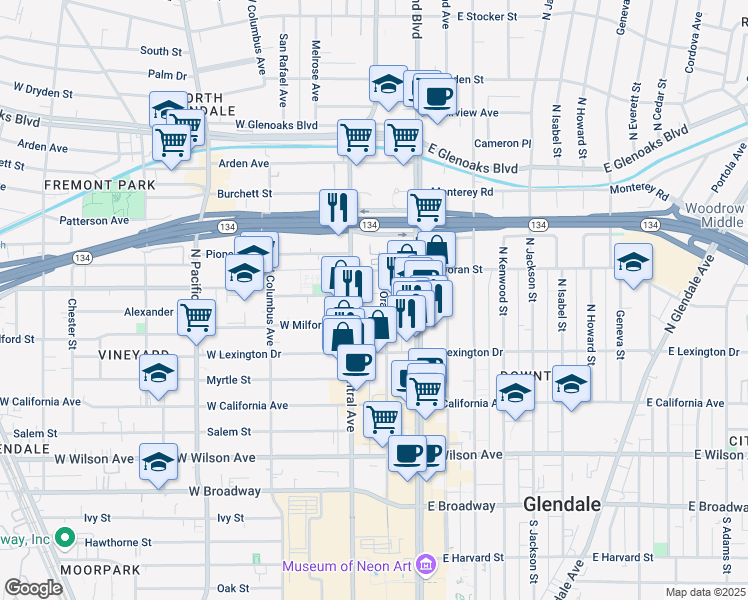 map of restaurants, bars, coffee shops, grocery stores, and more near 521 North Orange Street in Glendale