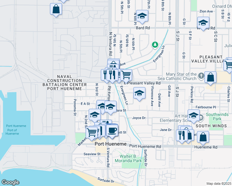 map of restaurants, bars, coffee shops, grocery stores, and more near 625 North 5th Street in Port Hueneme