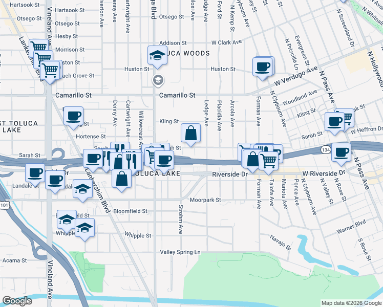 map of restaurants, bars, coffee shops, grocery stores, and more near 4547 Biloxi Avenue in Los Angeles