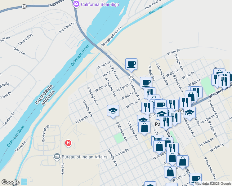 map of restaurants, bars, coffee shops, grocery stores, and more near 501 South Laguna Avenue in Parker