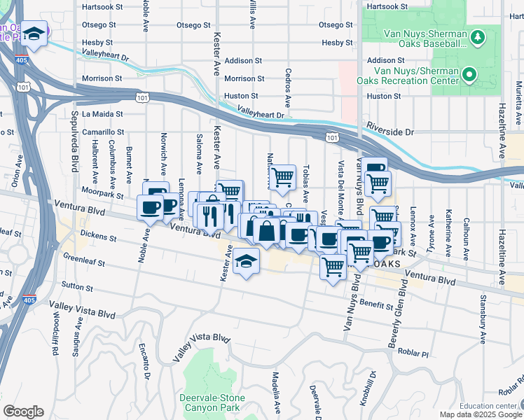 map of restaurants, bars, coffee shops, grocery stores, and more near 4558 Willis Avenue in Los Angeles