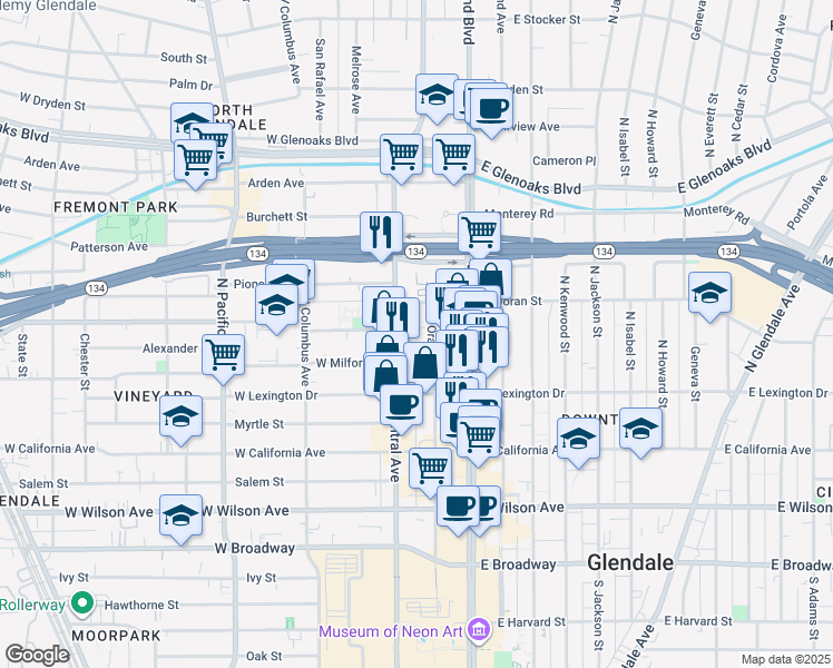 map of restaurants, bars, coffee shops, grocery stores, and more near 520 North Central Avenue in Glendale