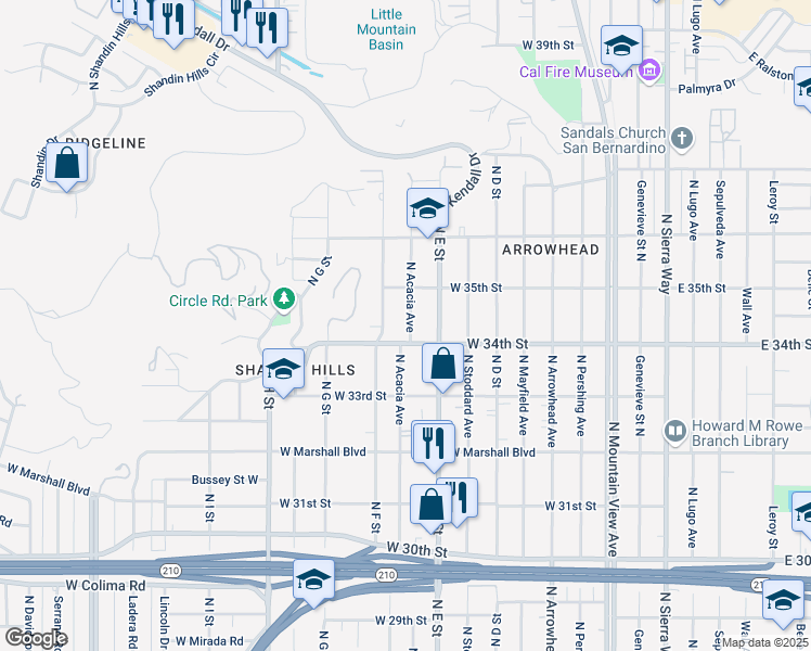 map of restaurants, bars, coffee shops, grocery stores, and more near 3428 North Acacia Avenue in San Bernardino