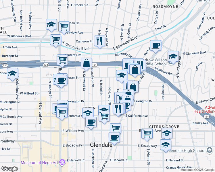 map of restaurants, bars, coffee shops, grocery stores, and more near 515 North Howard Street in Glendale