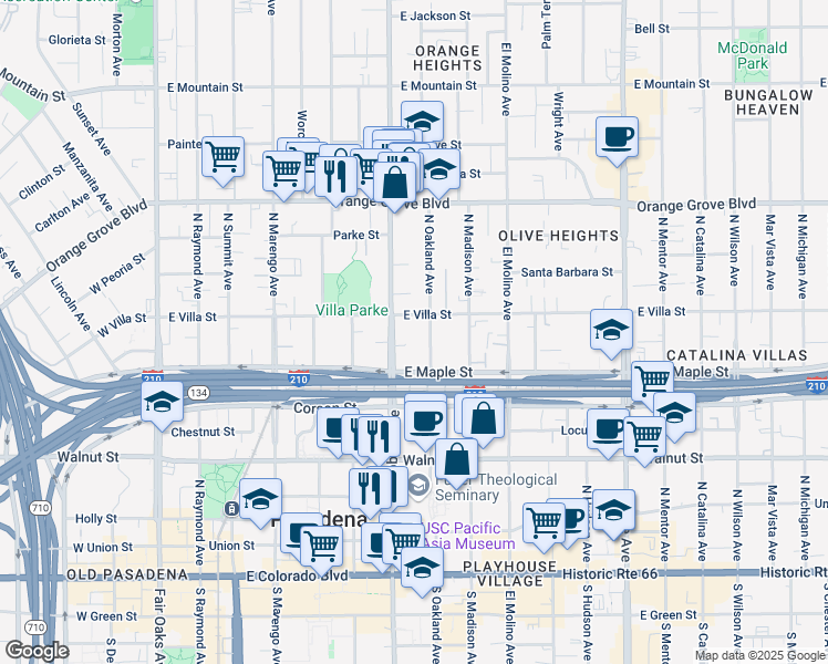 map of restaurants, bars, coffee shops, grocery stores, and more near 434 North Oakland Avenue in Pasadena
