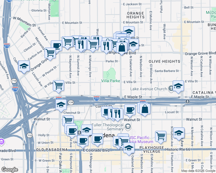 map of restaurants, bars, coffee shops, grocery stores, and more near 449 North Euclid Avenue in Pasadena
