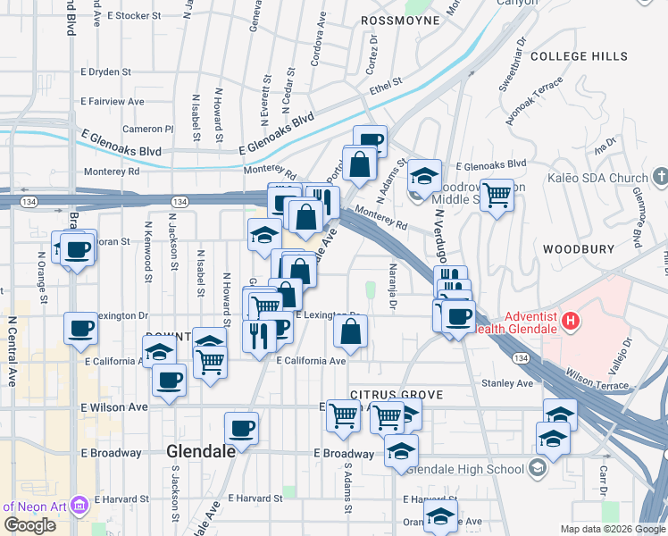 map of restaurants, bars, coffee shops, grocery stores, and more near 525 North Adams Street in Glendale