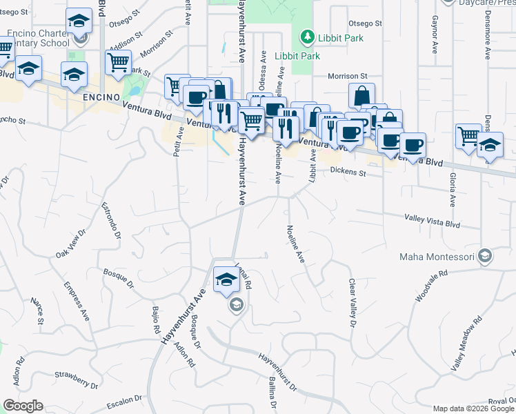 map of restaurants, bars, coffee shops, grocery stores, and more near 4536 Libbit Avenue in Los Angeles