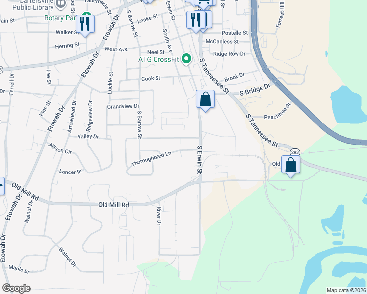 map of restaurants, bars, coffee shops, grocery stores, and more near 27 Thoroughbred Lane in Cartersville