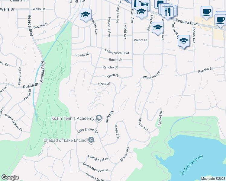 map of restaurants, bars, coffee shops, grocery stores, and more near 18008 Boris Drive in Los Angeles