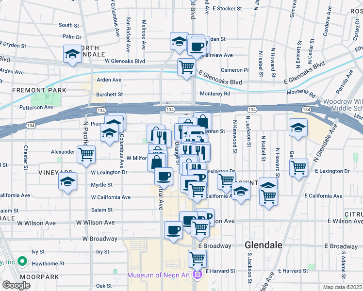map of restaurants, bars, coffee shops, grocery stores, and more near 505 North Brand Boulevard in Glendale