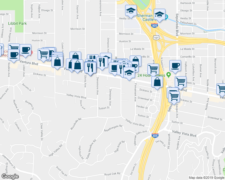 map of restaurants, bars, coffee shops, grocery stores, and more near 4538 Dempsey Avenue in Los Angeles