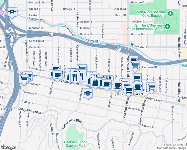 map of restaurants, bars, coffee shops, grocery stores, and more near 4558 Willis Avenue in Los Angeles