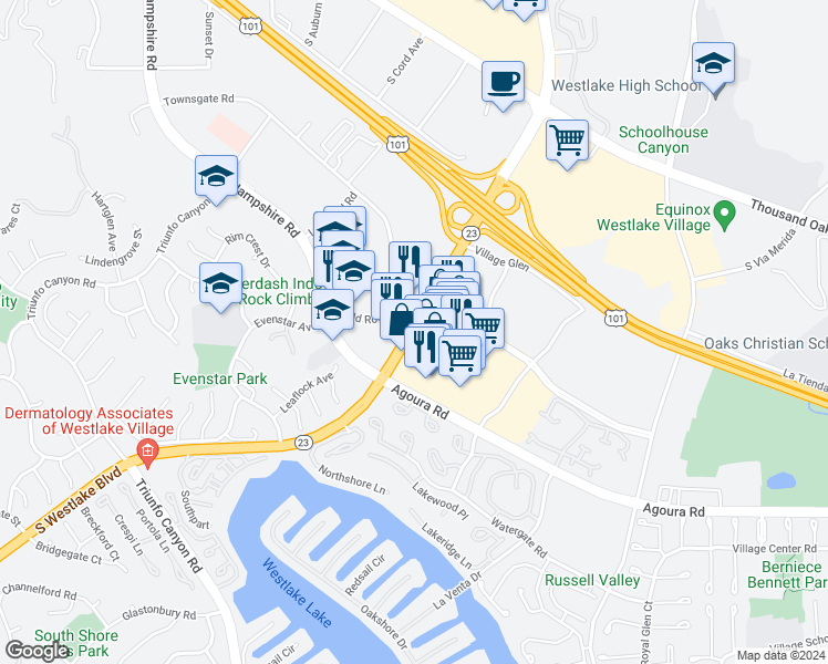 map of restaurants, bars, coffee shops, grocery stores, and more near 966 South Westlake Boulevard in Thousand Oaks
