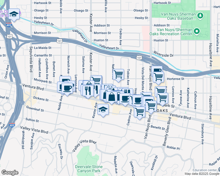 map of restaurants, bars, coffee shops, grocery stores, and more near 4558 Willis Avenue in Los Angeles