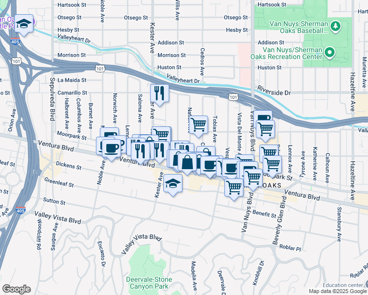 map of restaurants, bars, coffee shops, grocery stores, and more near 4558 Willis Avenue in Los Angeles