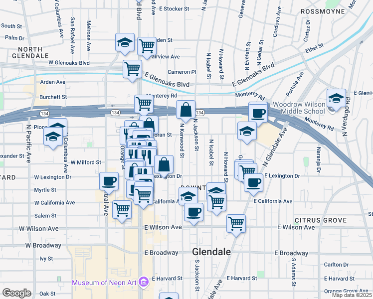 map of restaurants, bars, coffee shops, grocery stores, and more near 510 North Kenwood Street in Glendale