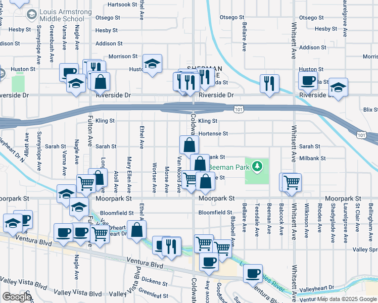 map of restaurants, bars, coffee shops, grocery stores, and more near 4551 Coldwater Canyon Avenue in Los Angeles