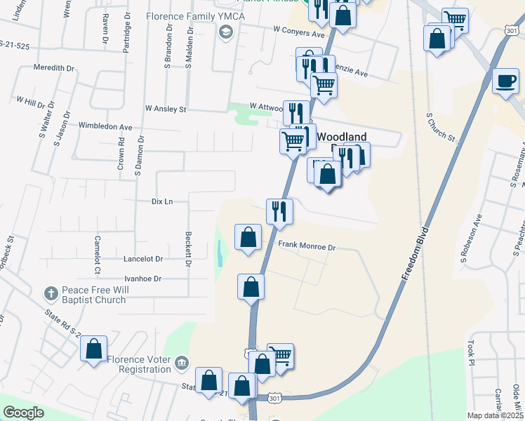 map of restaurants, bars, coffee shops, grocery stores, and more near 2251 South Irby Street in Florence