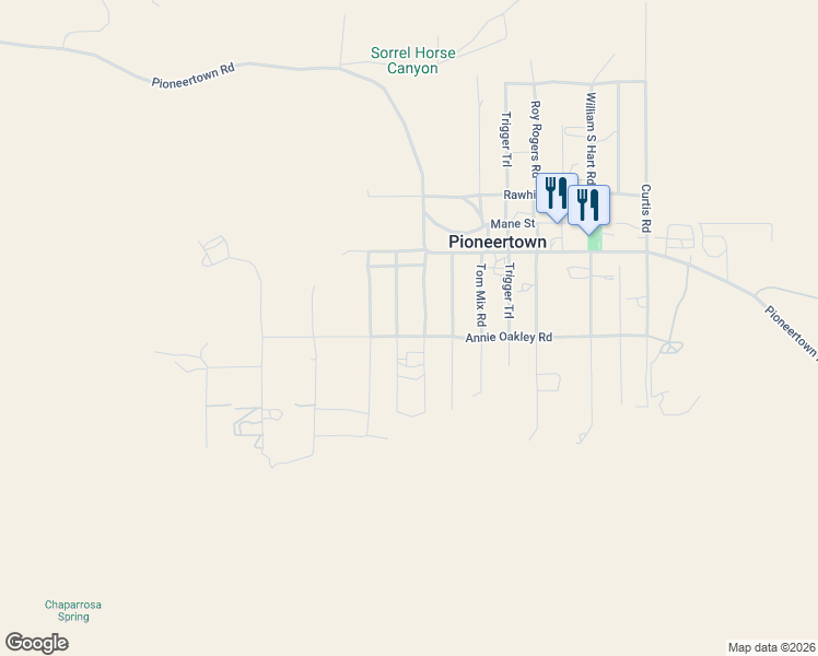 map of restaurants, bars, coffee shops, grocery stores, and more near Annie Oakley Road in Pioneertown