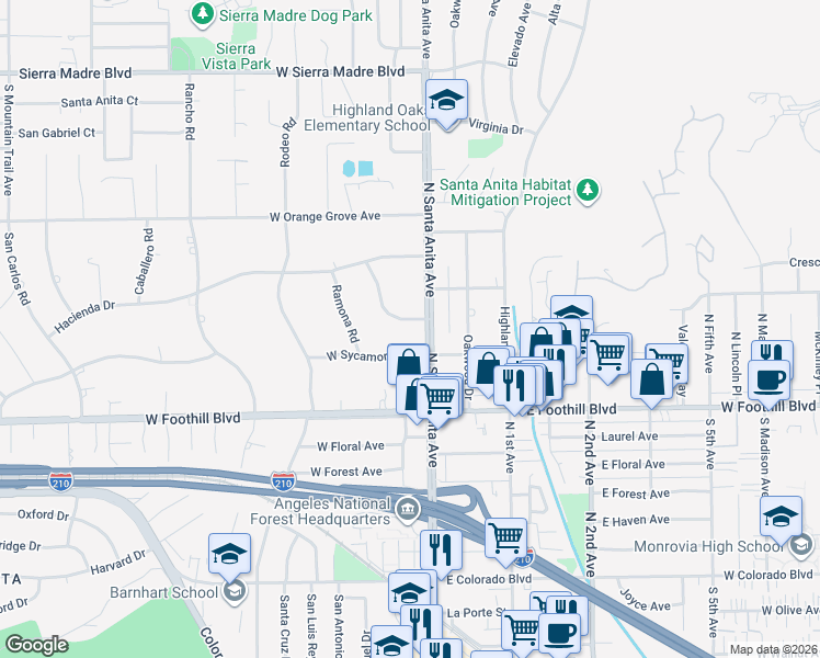 map of restaurants, bars, coffee shops, grocery stores, and more near 6 Woodland Lane in Arcadia