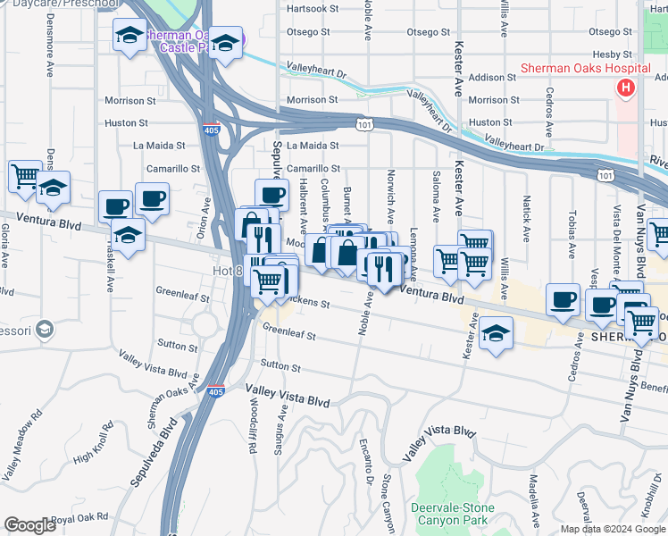 map of restaurants, bars, coffee shops, grocery stores, and more near 15165 Ventura Boulevard in Los Angeles