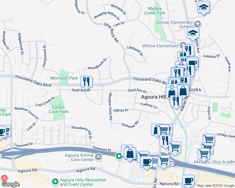 map of restaurants, bars, coffee shops, grocery stores, and more near 5666 Medeabrook Place in Agoura Hills