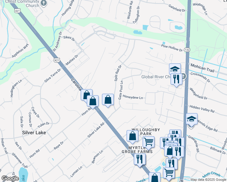 map of restaurants, bars, coffee shops, grocery stores, and more near 4914 Split Rail Drive in Wilmington