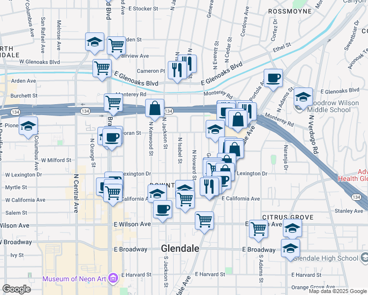 map of restaurants, bars, coffee shops, grocery stores, and more near 514 North Isabel Street in Glendale