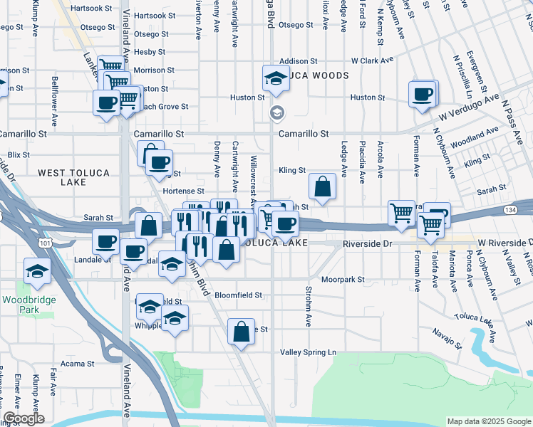 map of restaurants, bars, coffee shops, grocery stores, and more near 4549 Cahuenga Boulevard in Los Angeles