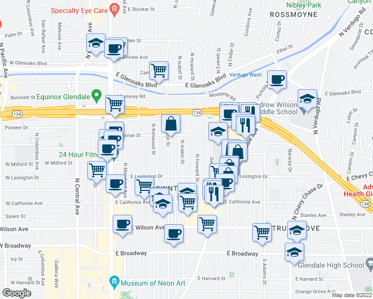 map of restaurants, bars, coffee shops, grocery stores, and more near 514 North Isabel Street in Glendale