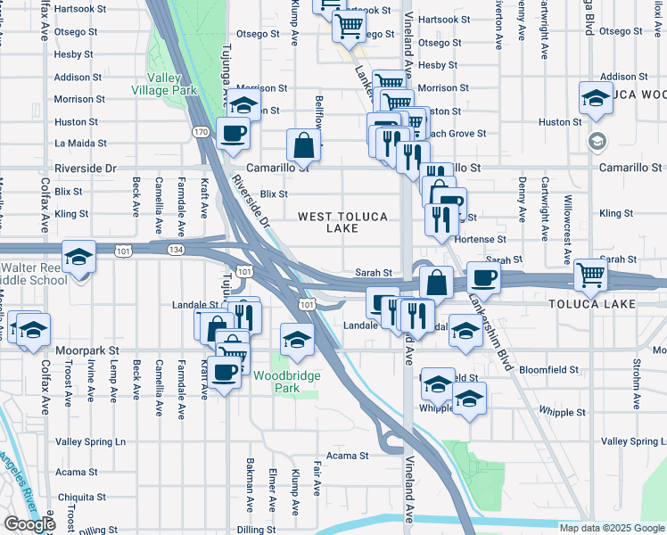 map of restaurants, bars, coffee shops, grocery stores, and more near 11147 Sarah Street in Los Angeles