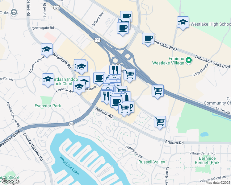 map of restaurants, bars, coffee shops, grocery stores, and more near 966 South Westlake Boulevard in Thousand Oaks