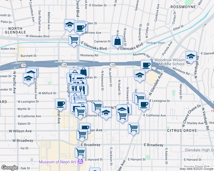 map of restaurants, bars, coffee shops, grocery stores, and more near 514 North Isabel Street in Glendale
