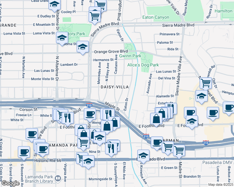 map of restaurants, bars, coffee shops, grocery stores, and more near 404 Castano Avenue in Pasadena