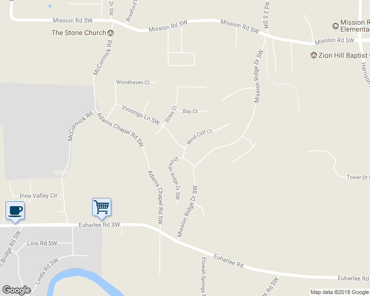 map of restaurants, bars, coffee shops, grocery stores, and more near 2 Vinnings Lane Southwest in Cartersville