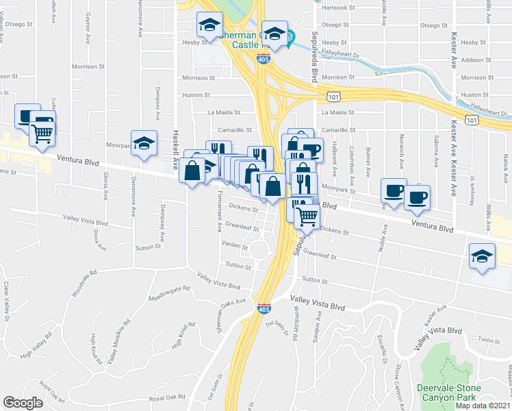 map of restaurants, bars, coffee shops, grocery stores, and more near 15419 Dickens Street in Los Angeles