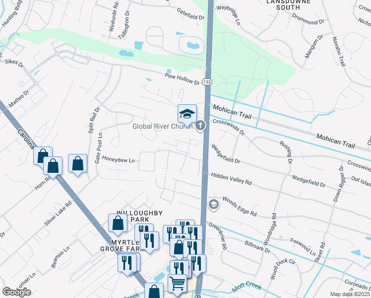 map of restaurants, bars, coffee shops, grocery stores, and more near 4659 Andros Lane in Wilmington