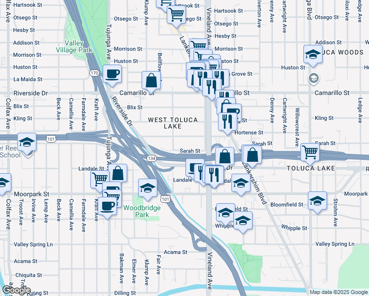 map of restaurants, bars, coffee shops, grocery stores, and more near 11101 Sarah Street in Los Angeles
