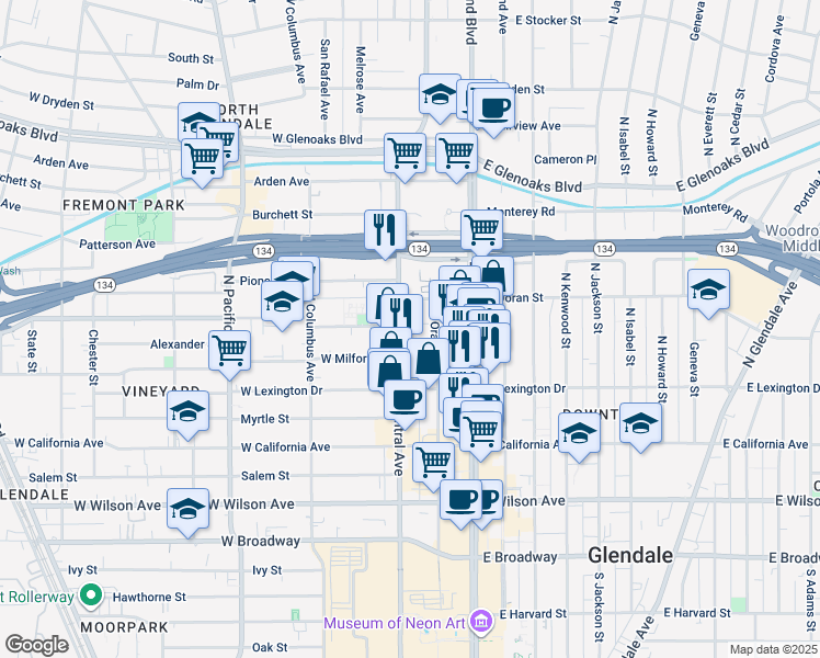 map of restaurants, bars, coffee shops, grocery stores, and more near 520 North Central Avenue in Glendale