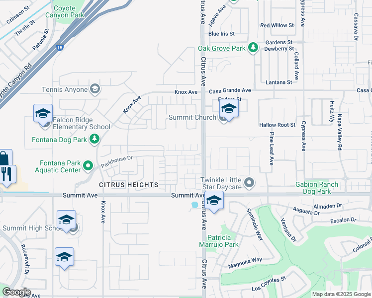 map of restaurants, bars, coffee shops, grocery stores, and more near 16040 Jamie Lane in Fontana