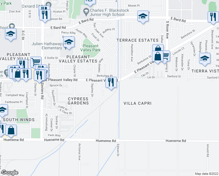 map of restaurants, bars, coffee shops, grocery stores, and more near 5117 Longfellow Way in Oxnard