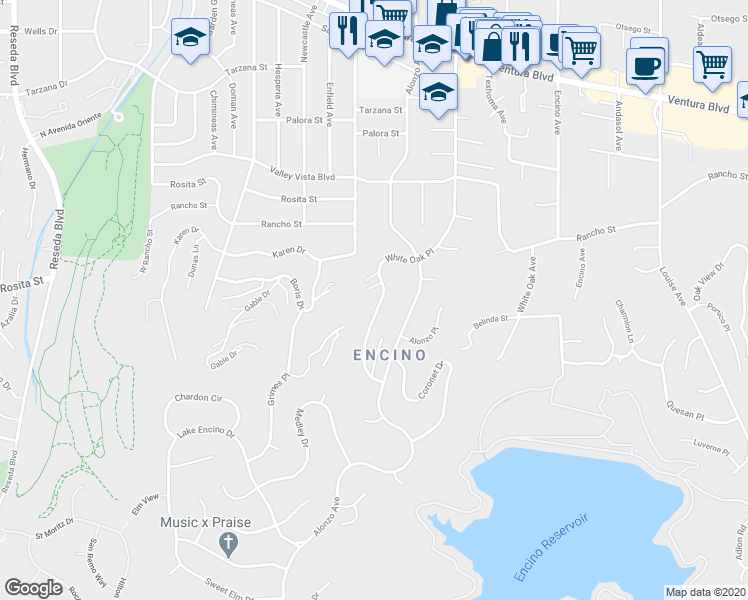 map of restaurants, bars, coffee shops, grocery stores, and more near 4571 White Oak Place in Los Angeles