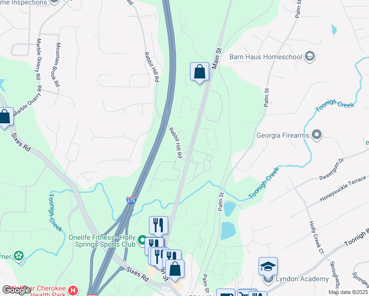 map of restaurants, bars, coffee shops, grocery stores, and more near 4206 Holly Springs Parkway in Canton