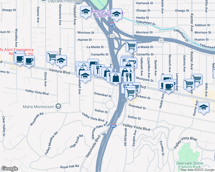 map of restaurants, bars, coffee shops, grocery stores, and more near 15425 Dickens Street in Los Angeles