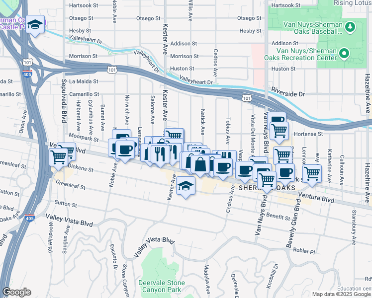 map of restaurants, bars, coffee shops, grocery stores, and more near 4542 Willis Avenue in Los Angeles