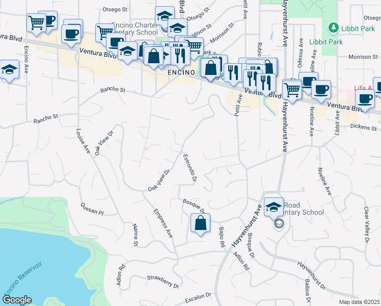 map of restaurants, bars, coffee shops, grocery stores, and more near 4540 Estrondo Drive in Los Angeles