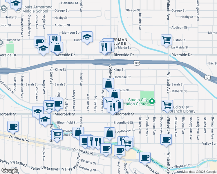 map of restaurants, bars, coffee shops, grocery stores, and more near 4551 Coldwater Canyon Avenue in Los Angeles